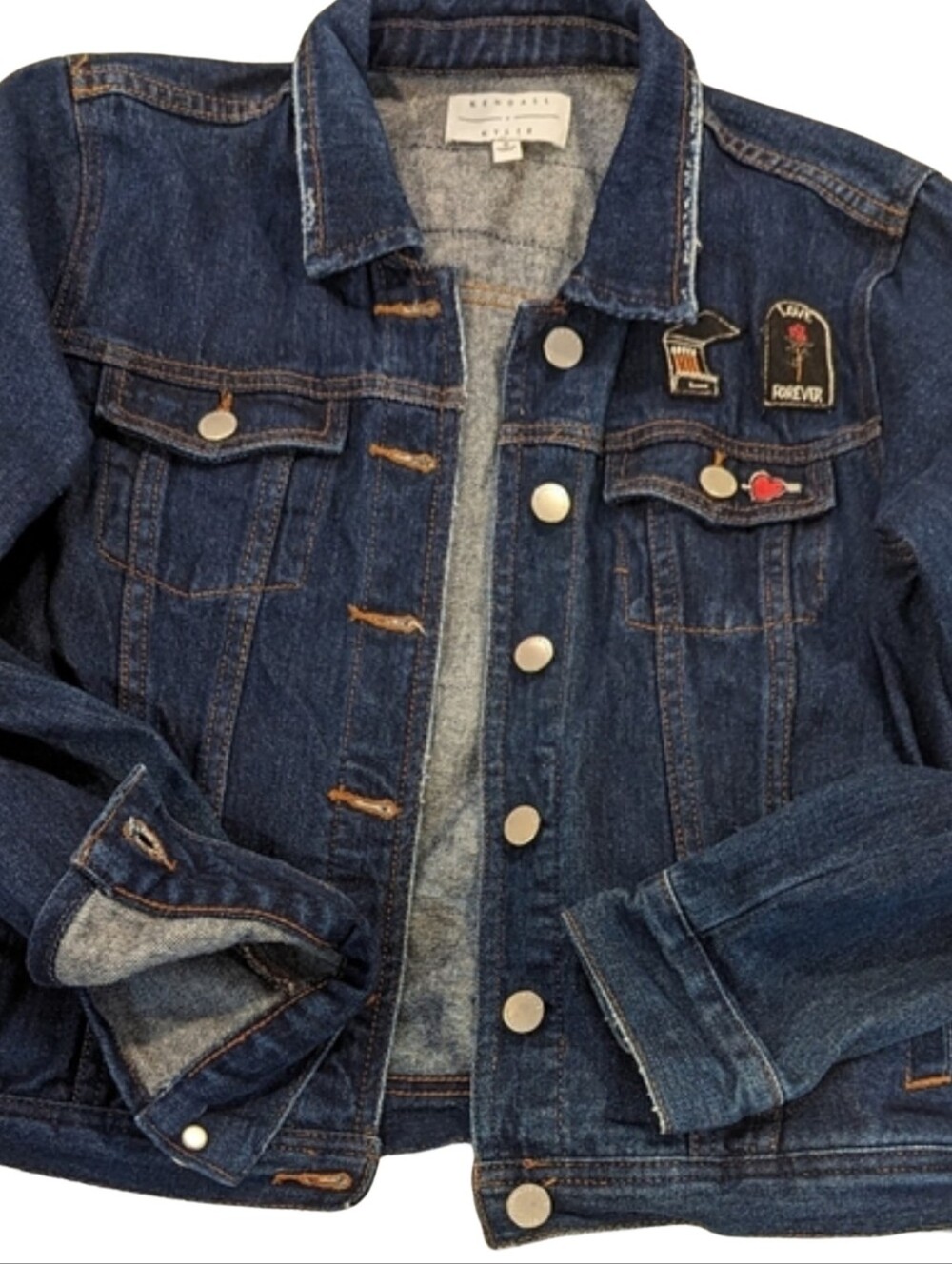 Kendall And Kylie Jean Jacket. Dark Wash, Denim Jacket with Patches